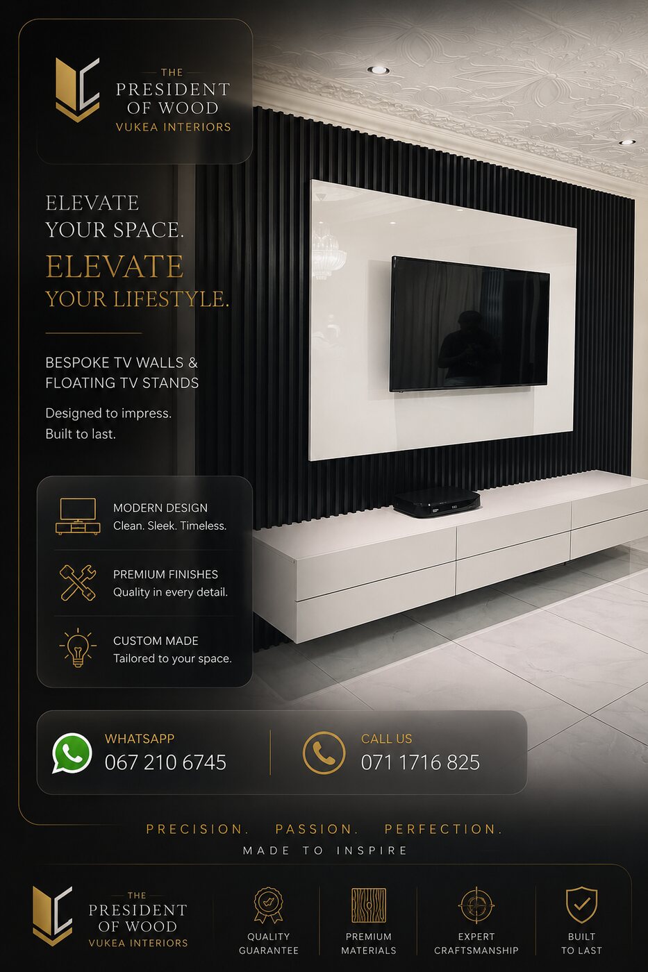 Concept: luxury TV wall with floating stand and ambient light
